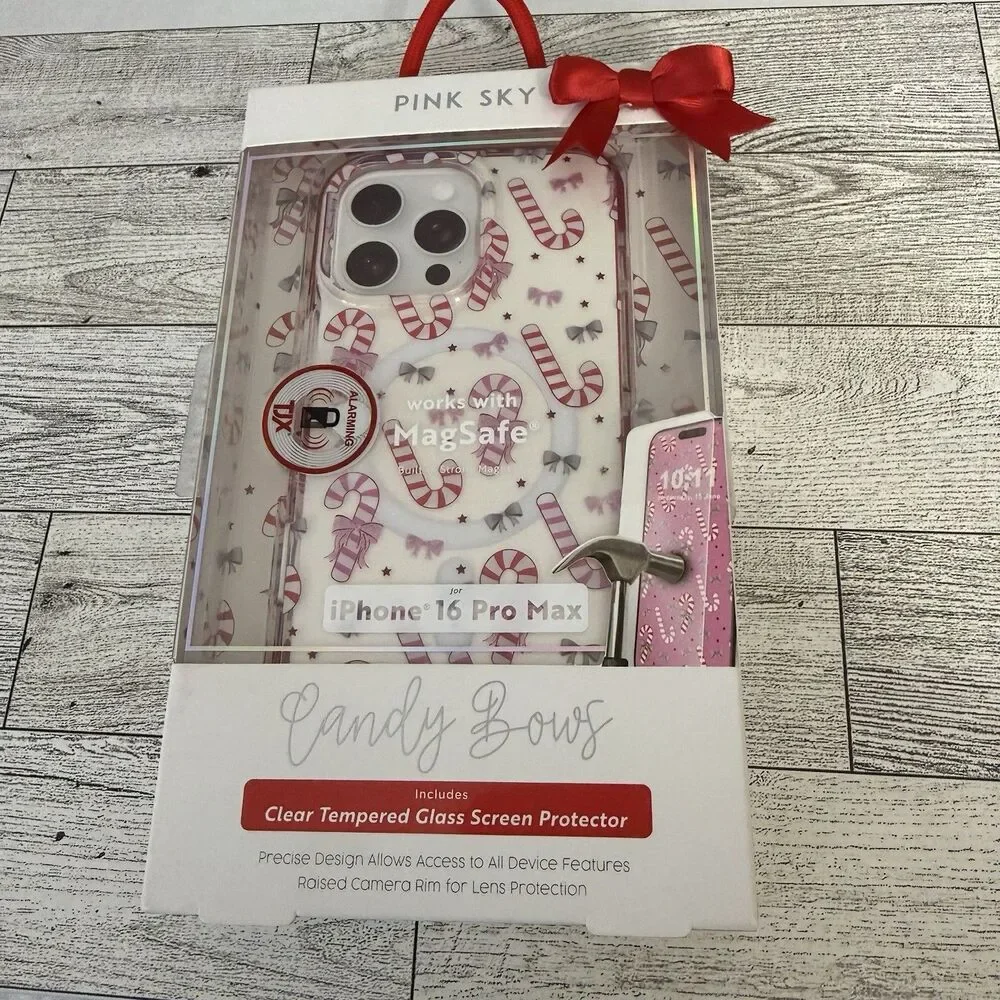 Pink Sky Iphone 16 Pro Max Christmas Candy Cane Sparkle Bow Theme Phone Case New